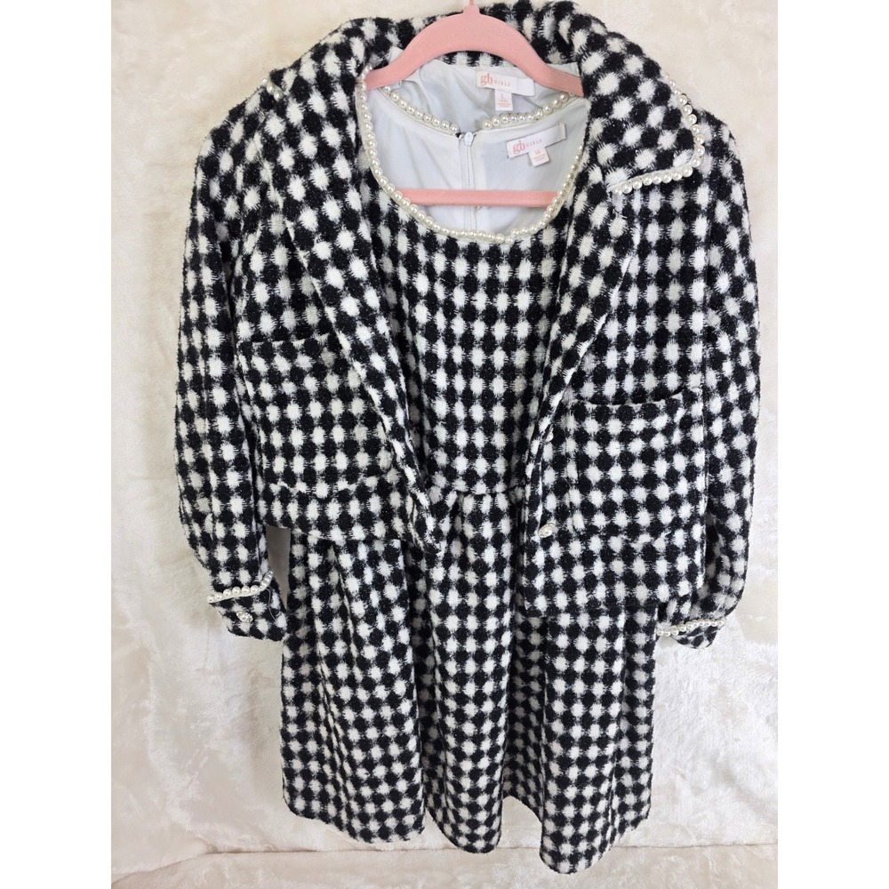 GB Girls Black White Tweed Dress and Jacket Set Faux Pearl Trim Kids‎ Size 14 L